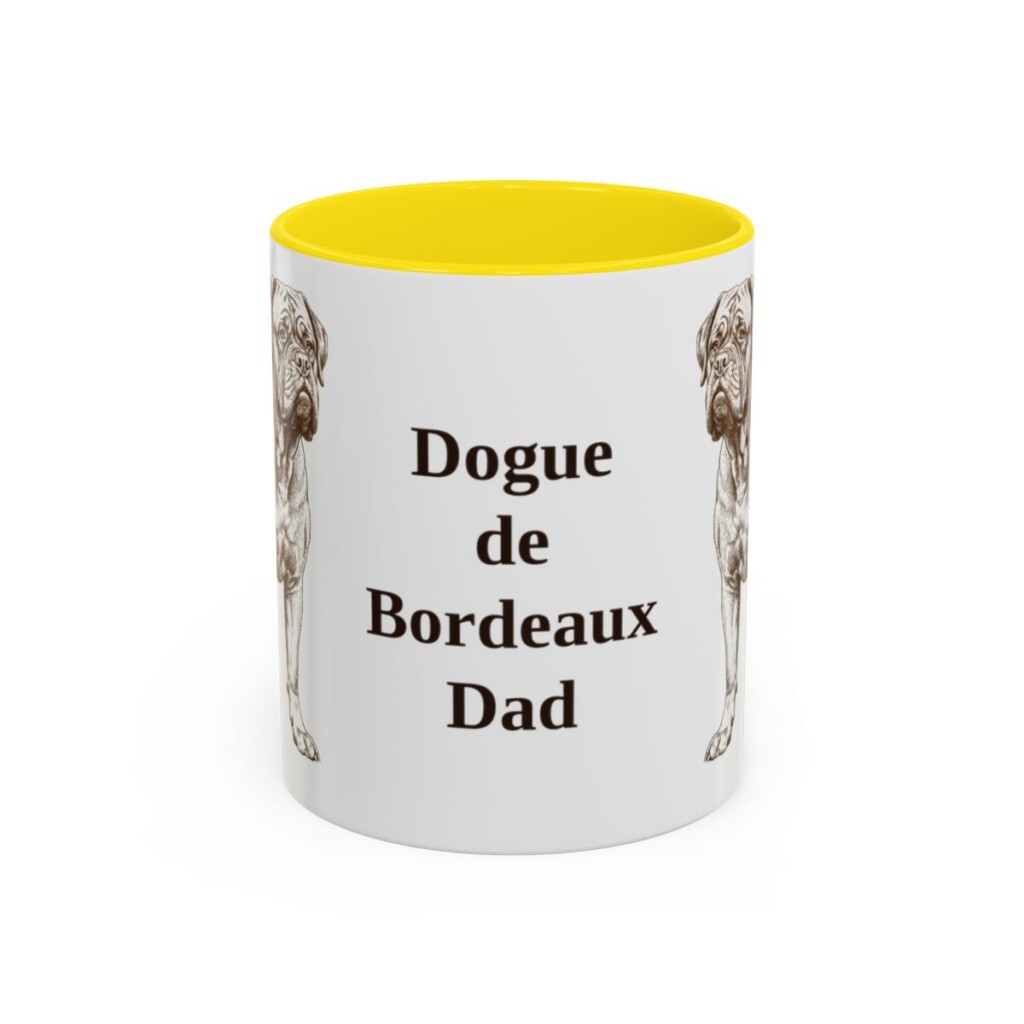 11oz Dogue de Bordeaux Dog Dad Mug, Yellow, front view
