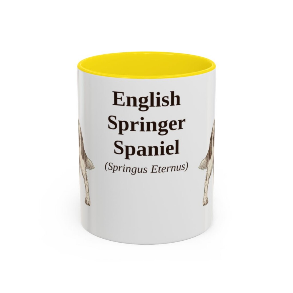 11oz English Springer Spaniel Latin Mug, Yellow, front view