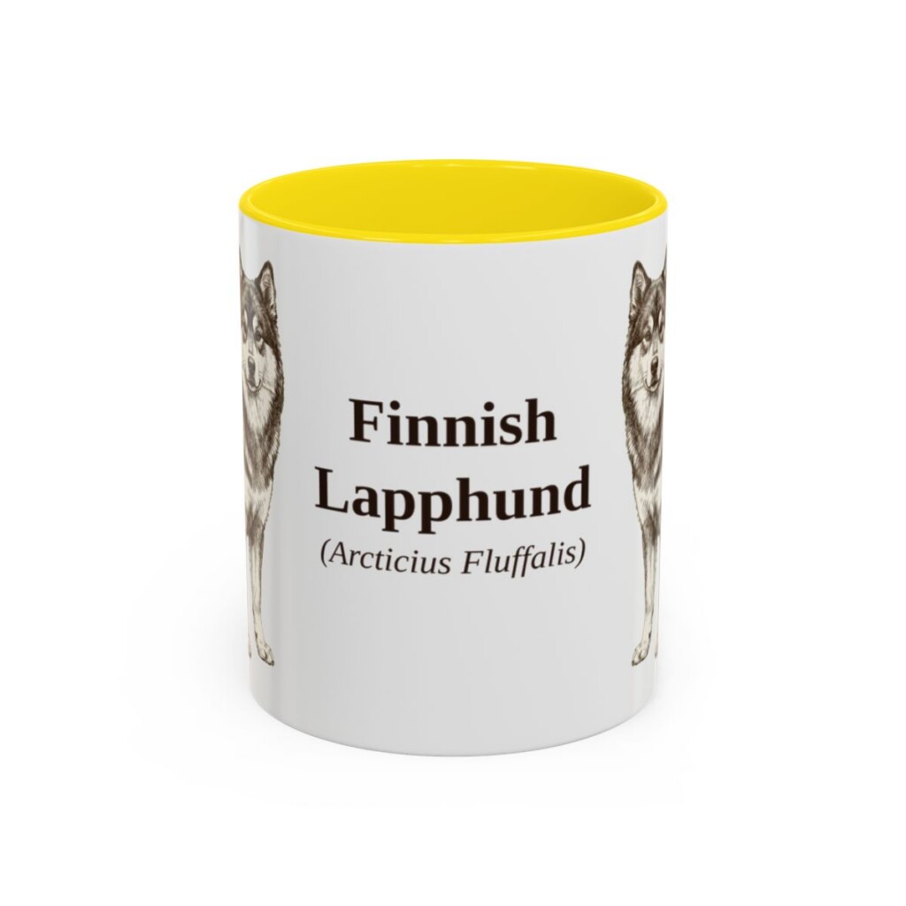 11oz Finnish Lapphund Latin Mug, Yellow, front view
