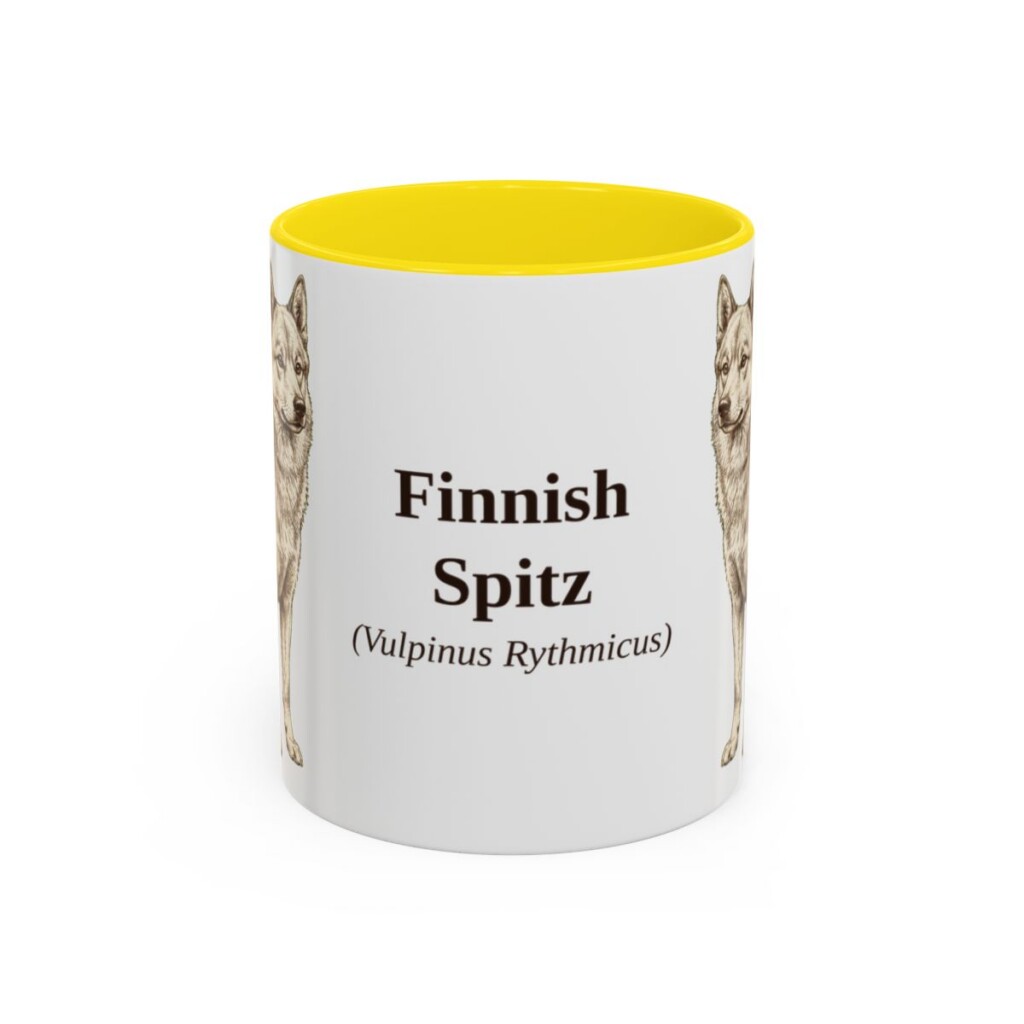 11oz Finnish Spitz Latin Mug, Yellow, front view