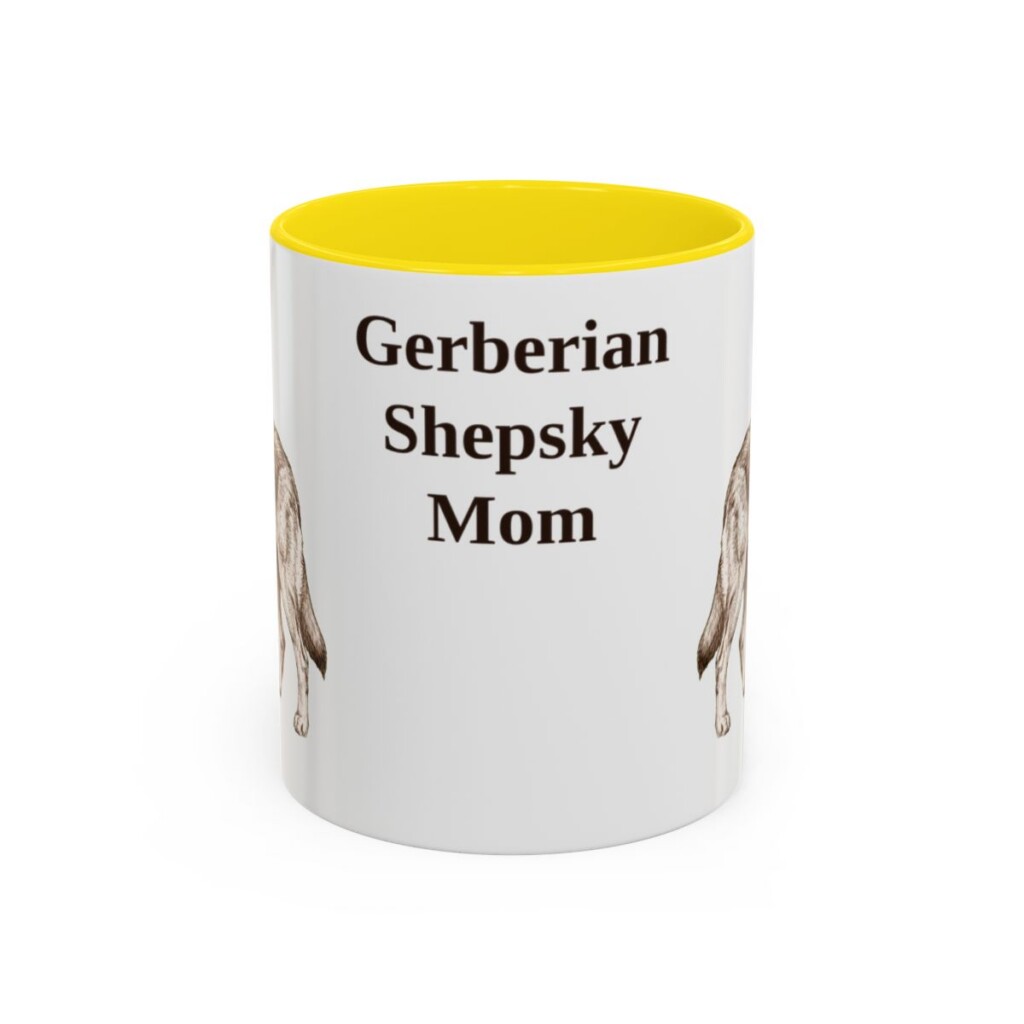 11oz Gerberian Shepsky Dog Mom Mug, Yellow, front view