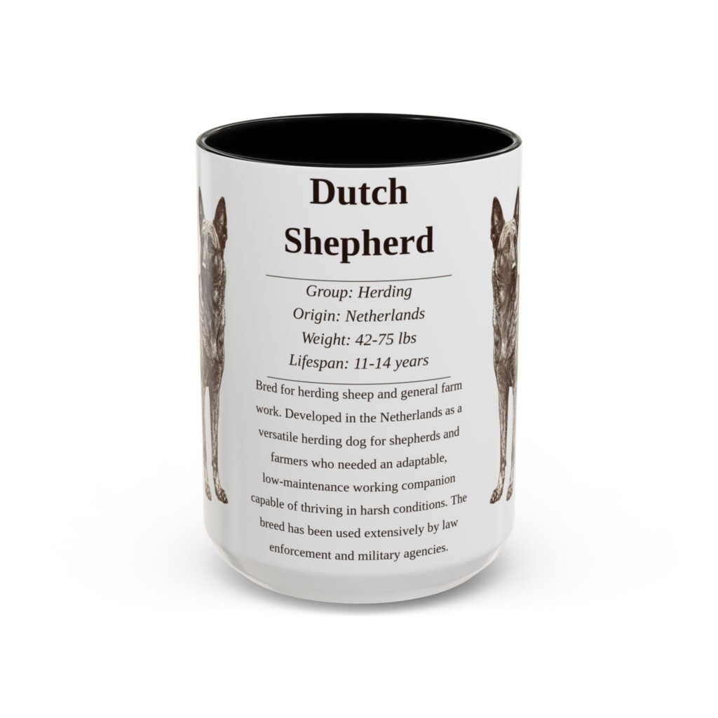 15oz Dutch Shepherd Mug, Illustrated Dog Breed Facts Coffee Mug, Vintage Dog Keepsake Gift