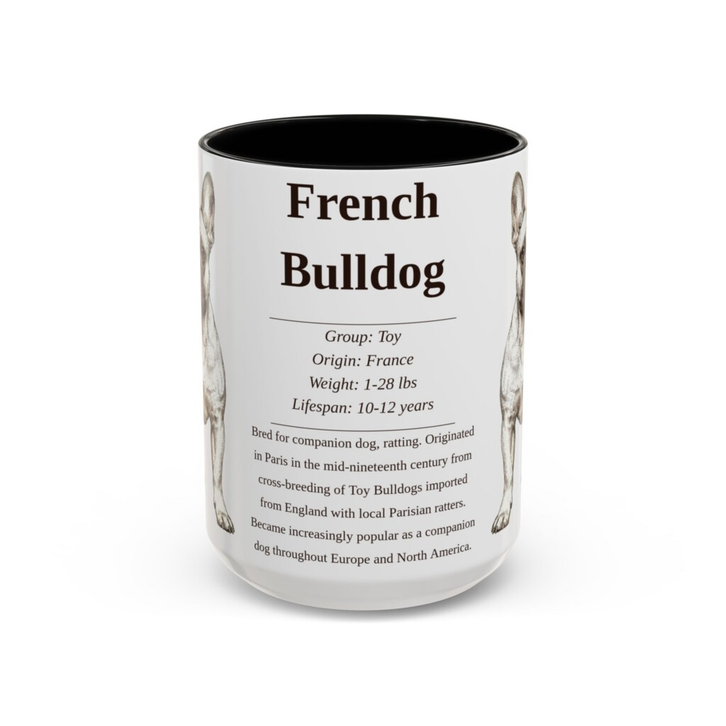 15oz French Bulldog Mug, Illustrated Dog Breed Facts Coffee Mug, Vintage Dog Keepsake Gift