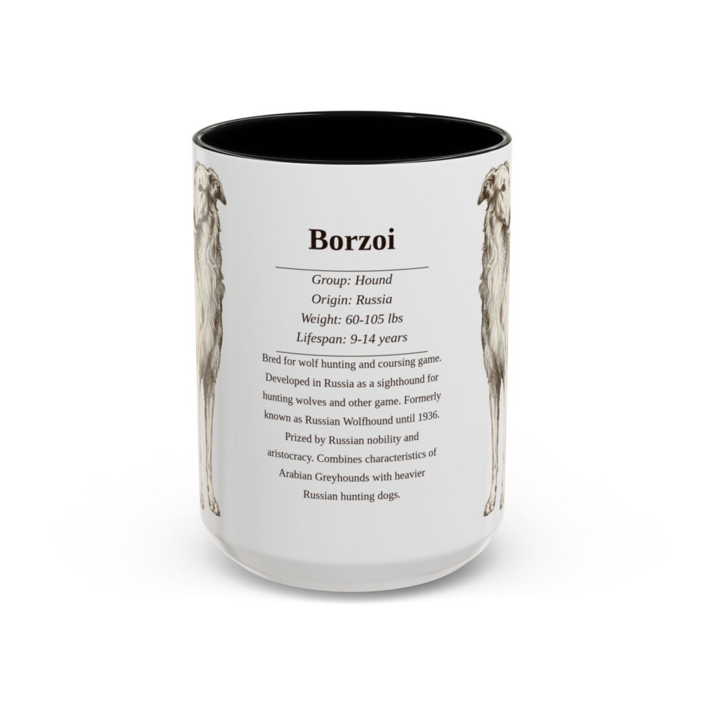 15oz Borzoi Mug, Illustrated Dog Breed Facts Coffee Mug, Vintage Dog Keepsake Gift