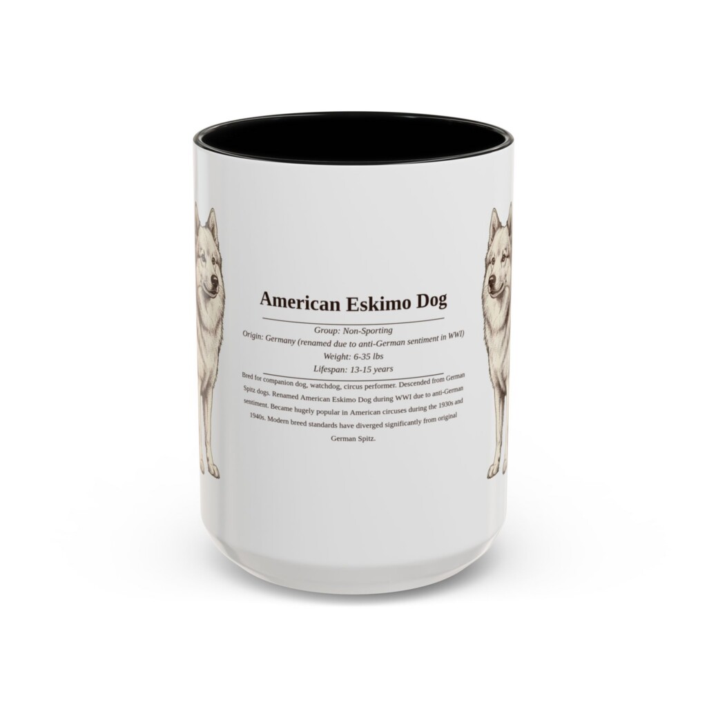 1447349113386014335_2048.jpeg 15oz American Eskimo Dog Mug, Illustrated Dog Breed Facts Coffee Mug, Vintage Dog Keepsake Gift