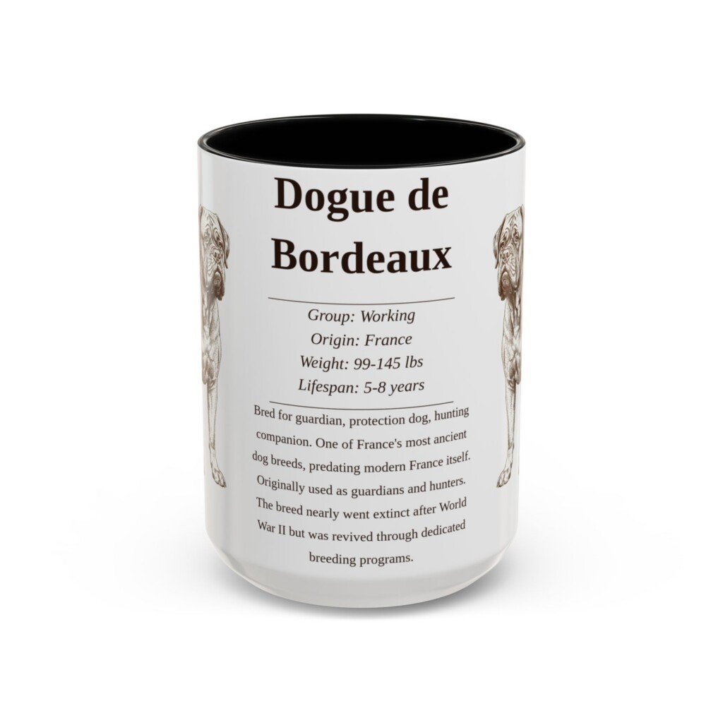15oz Dogue de Bordeaux Mug, Illustrated Dog Breed Facts Coffee Mug, Vintage Dog Keepsake Gift