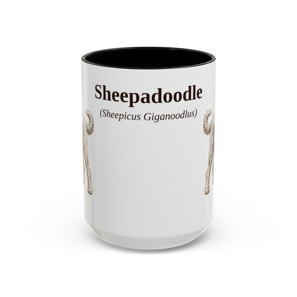 15oz Sheepadoodle Latin Mug, Vintage Dog Coffee Mug, Dog Lover Gift