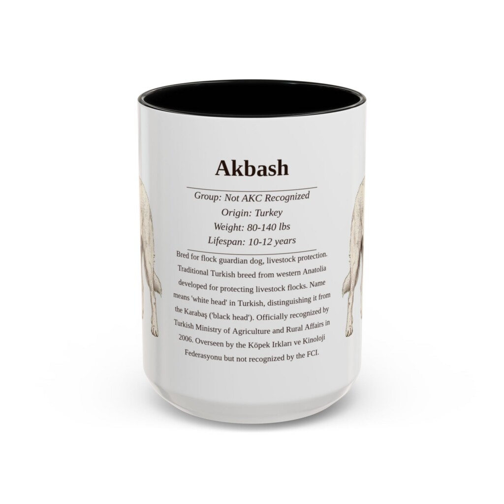 15oz Akbash Mug, Illustrated Dog Breed Facts Coffee Mug, Vintage Dog Keepsake Gift