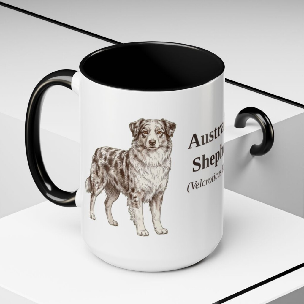 15oz-australian-shepherd-mug-latin-black-context-2 15oz Australian Shepherd Latin Mug, Black, lifestyle photo