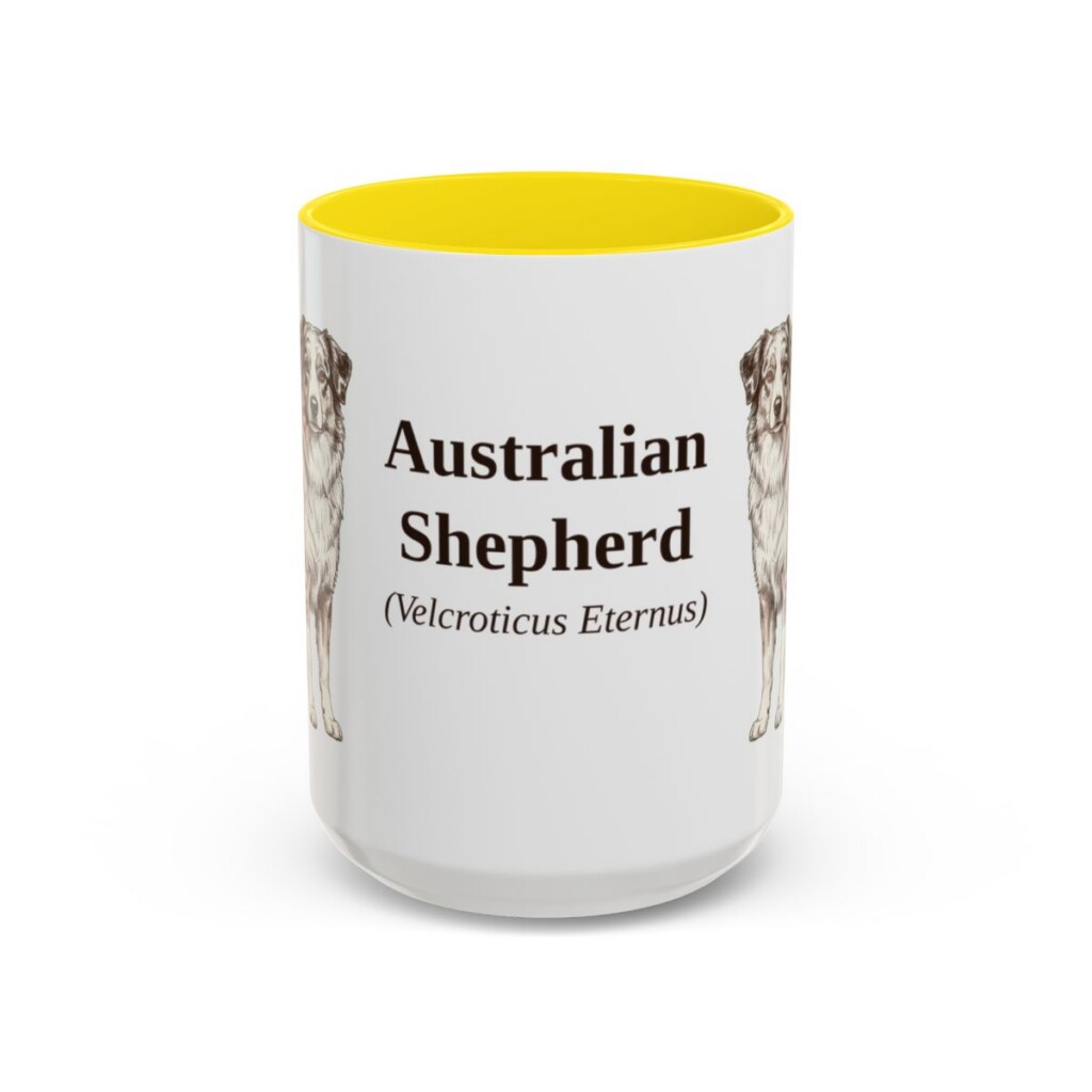 15oz-australian-shepherd-mug-latin-yellow 15oz Australian Shepherd Latin Mug, Yellow, front view
