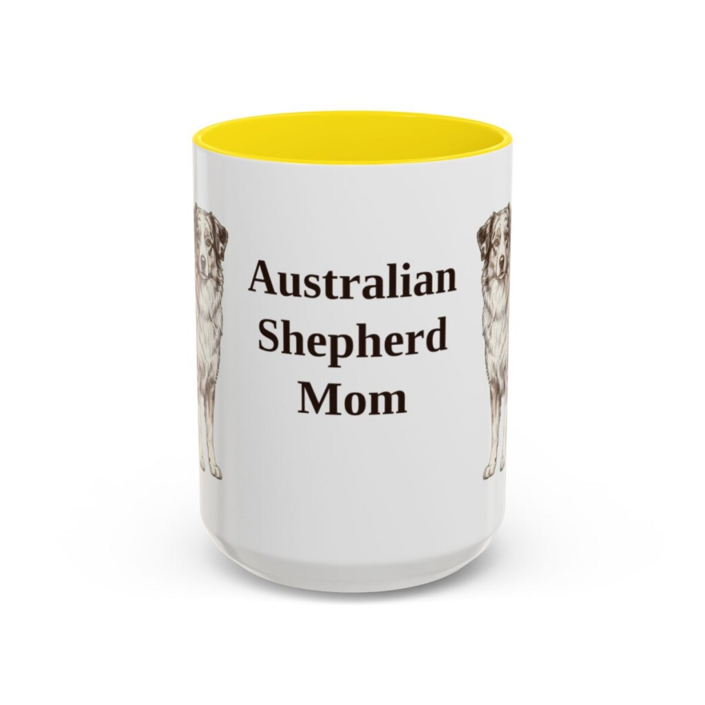 15oz Australian Shepherd Dog Mom Mug, Yellow, front view