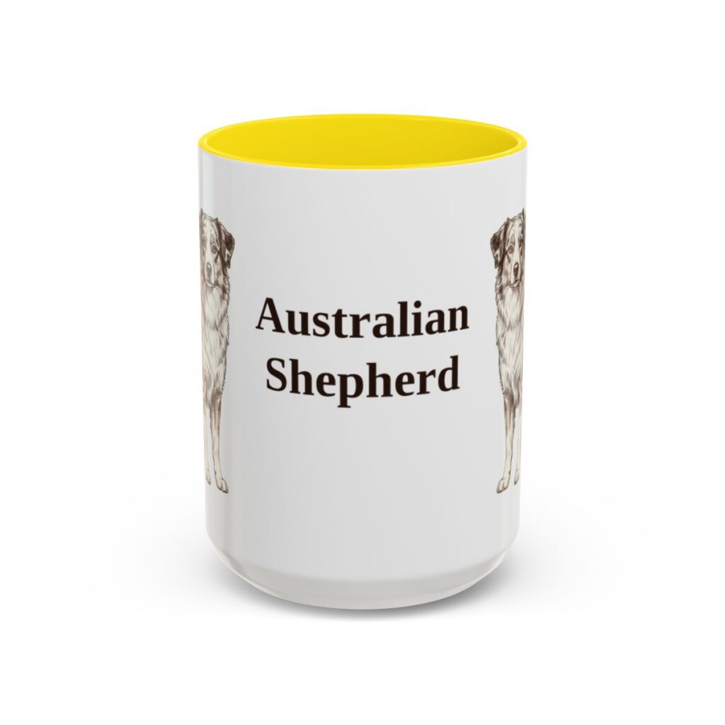 15oz Australian Shepherd Mug, Yellow, front view