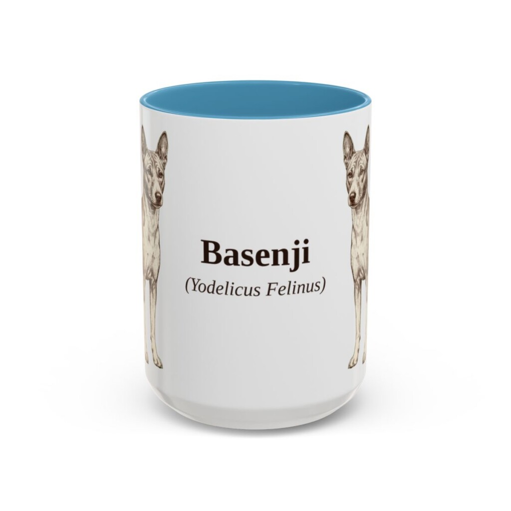 15oz Basenji Latin Mug, Light Blue, front view