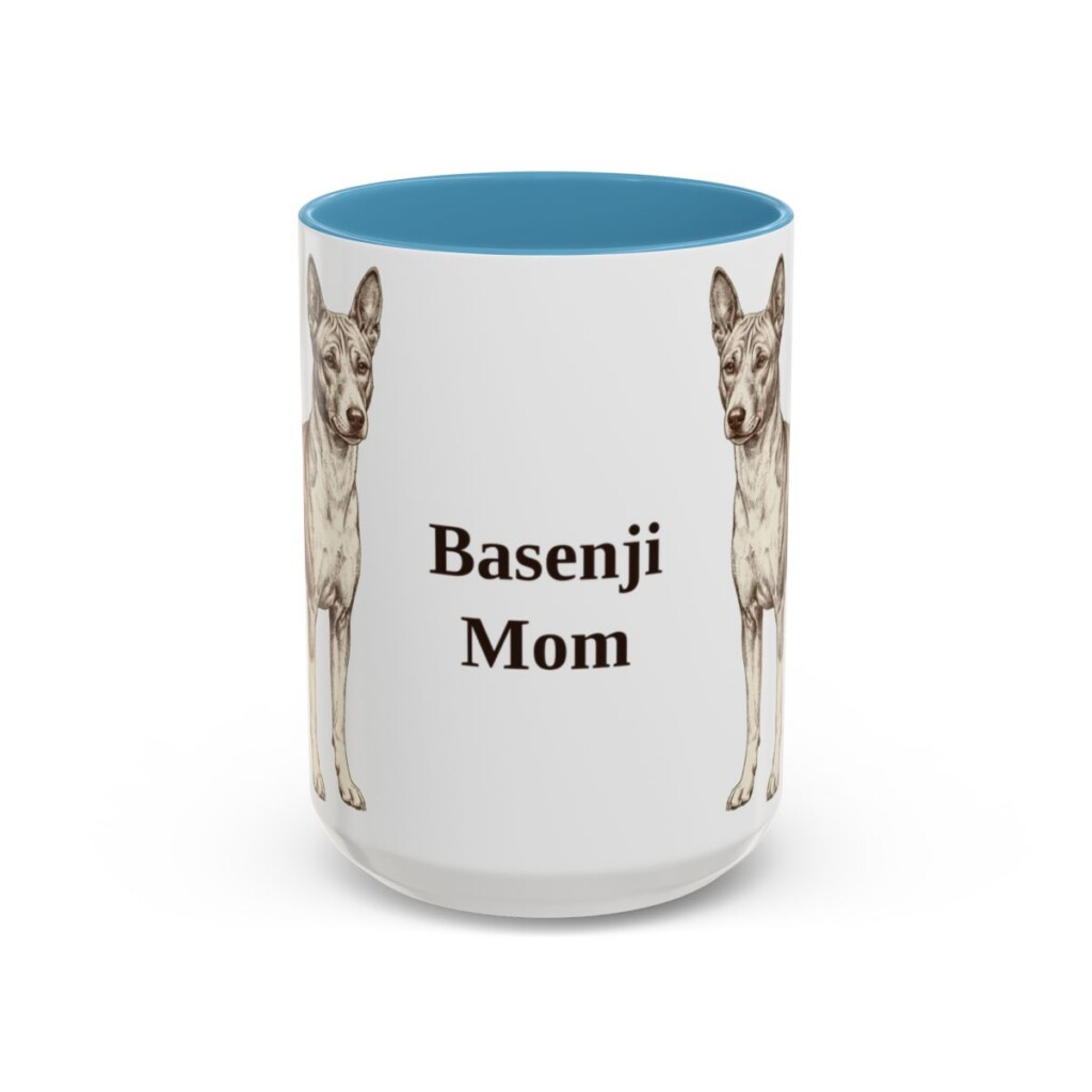 15oz Basenji Dog Mom Mug, Light Blue, front view