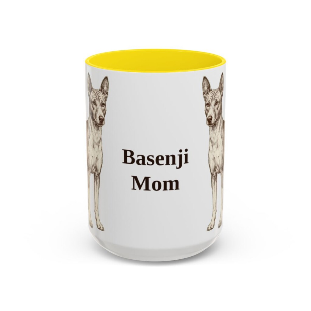 15oz Basenji Dog Mom Mug, Yellow, front view
