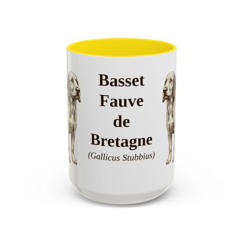 15oz Basset Fauve de Bretagne Latin Mug, Yellow, front view