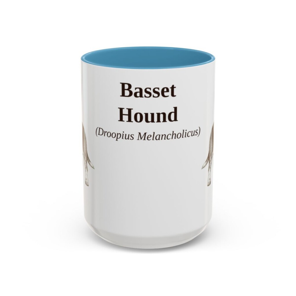 15oz Basset Hound Latin Mug, Light Blue, front view
