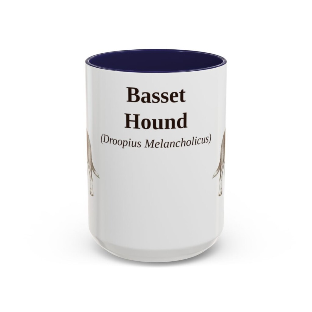 15oz Basset Hound Latin Mug, Navy, front view