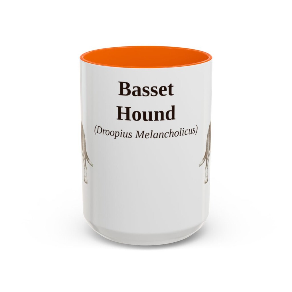 15oz Basset Hound Latin Mug, Orange, front view