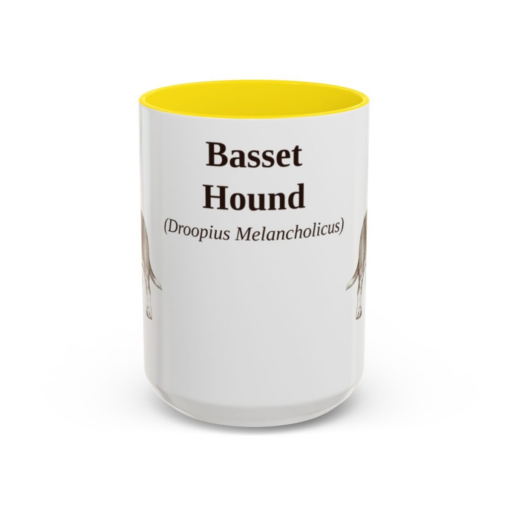 15oz Basset Hound Latin Mug, Yellow, front view