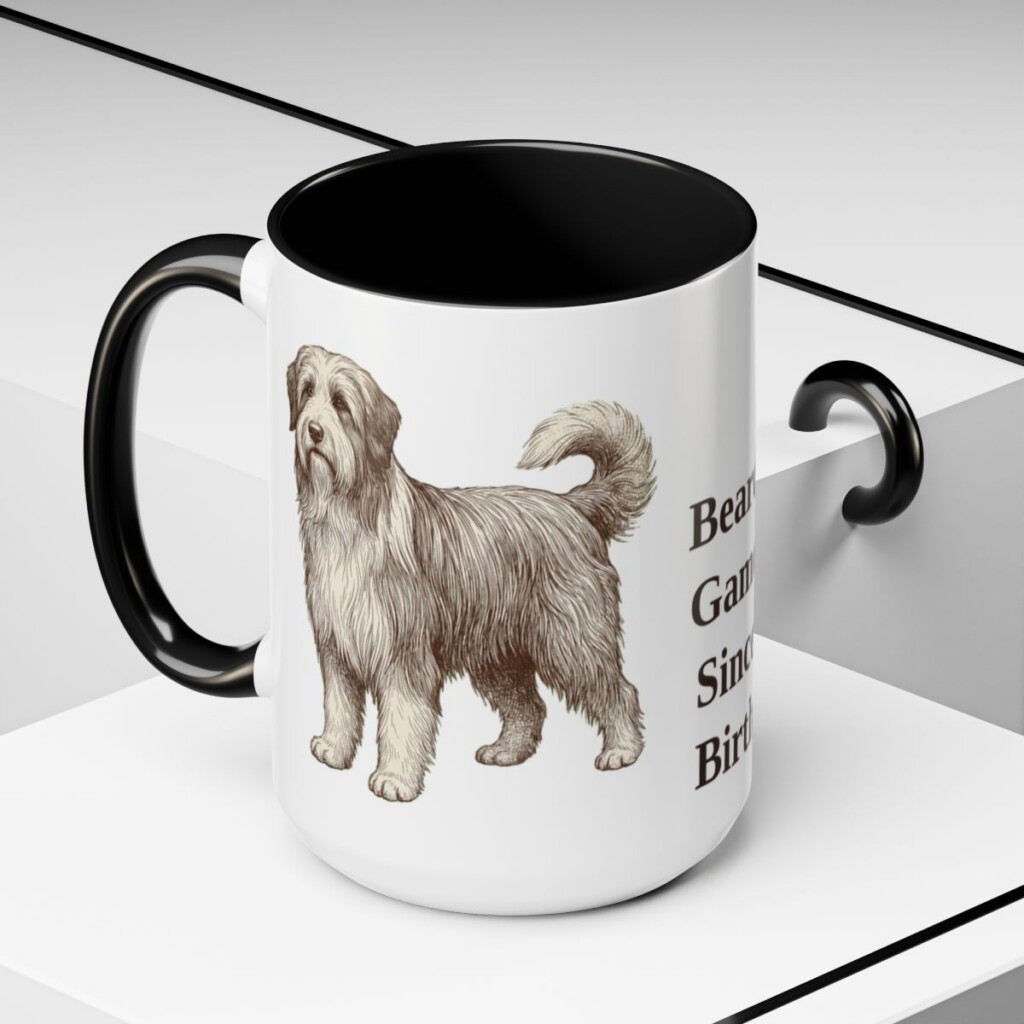 15oz-bearded-collie-mug-humor-black-context-2 15oz Funny Bearded Collie Mug, Black, lifestyle photo