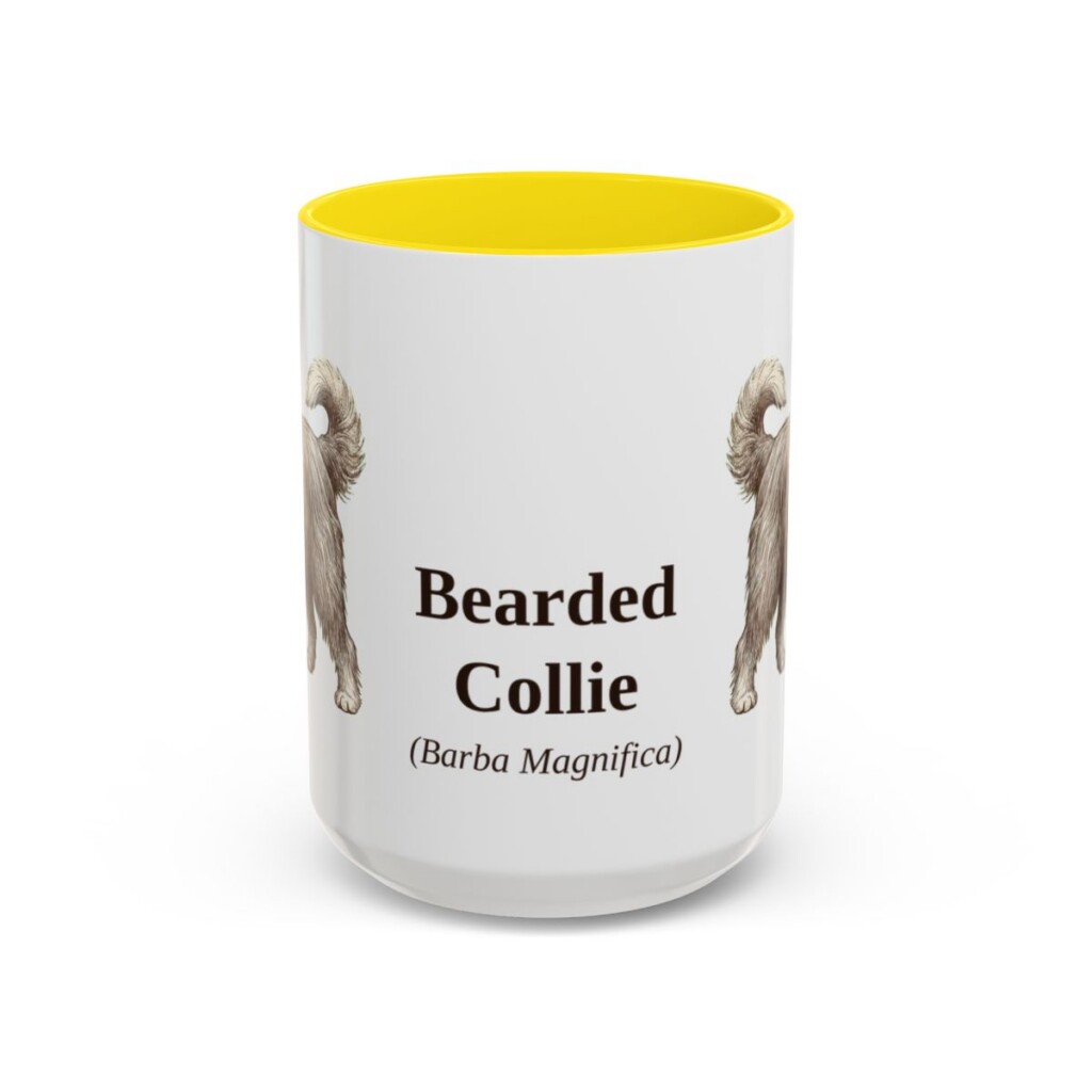 15oz-bearded-collie-mug-latin-yellow 15oz Bearded Collie Latin Mug, Yellow, front view