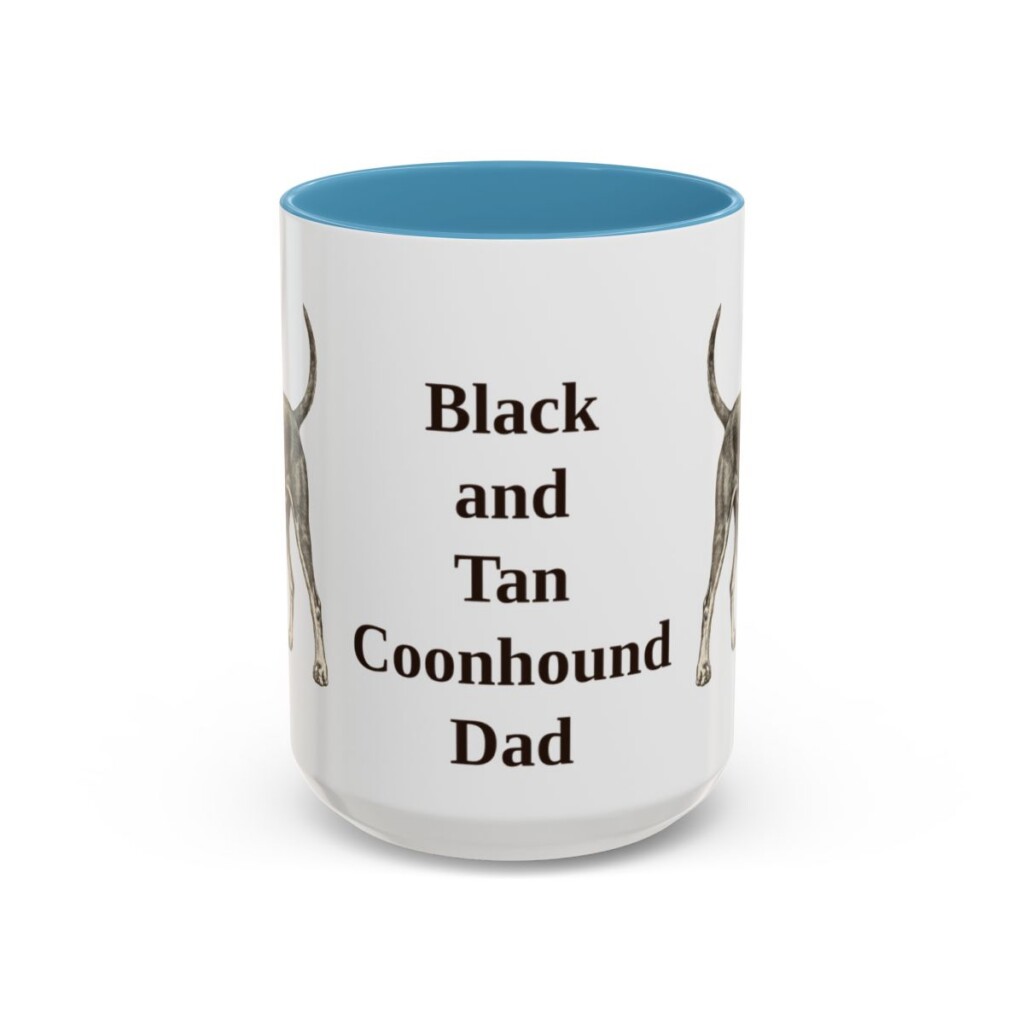 15oz Black and Tan Coonhound Dog Dad Mug, Light Blue, front view