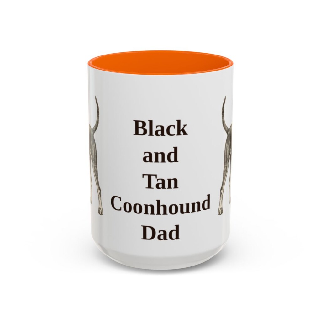 15oz Black and Tan Coonhound Dog Dad Mug, Orange, front view