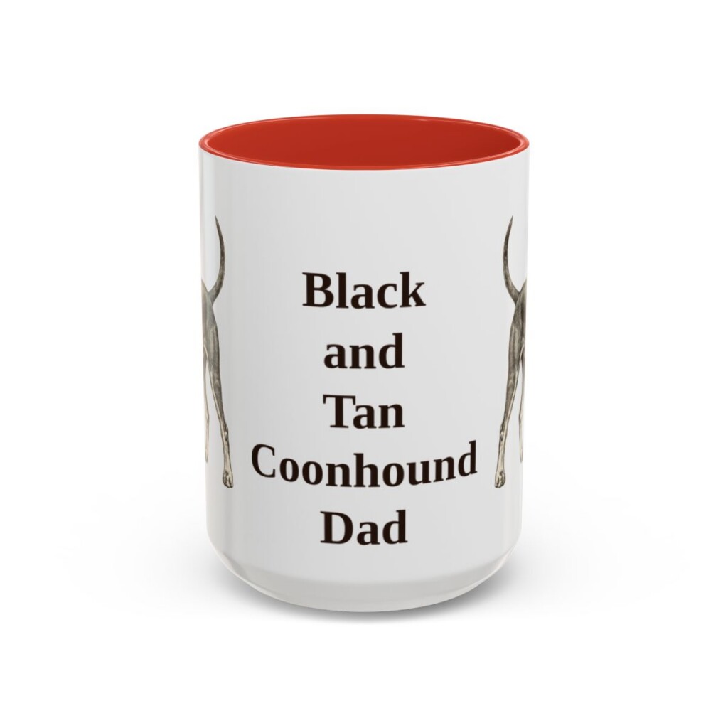 15oz Black and Tan Coonhound Dog Dad Mug, Red, front view