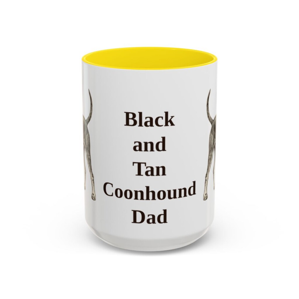 15oz Black and Tan Coonhound Dog Dad Mug, Yellow, front view