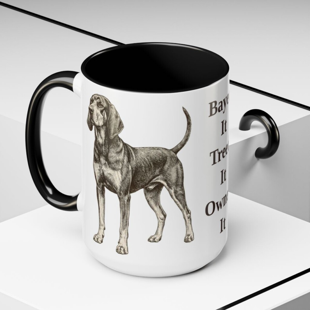 15oz Funny Black and Tan Coonhound Mug, Black, lifestyle photo