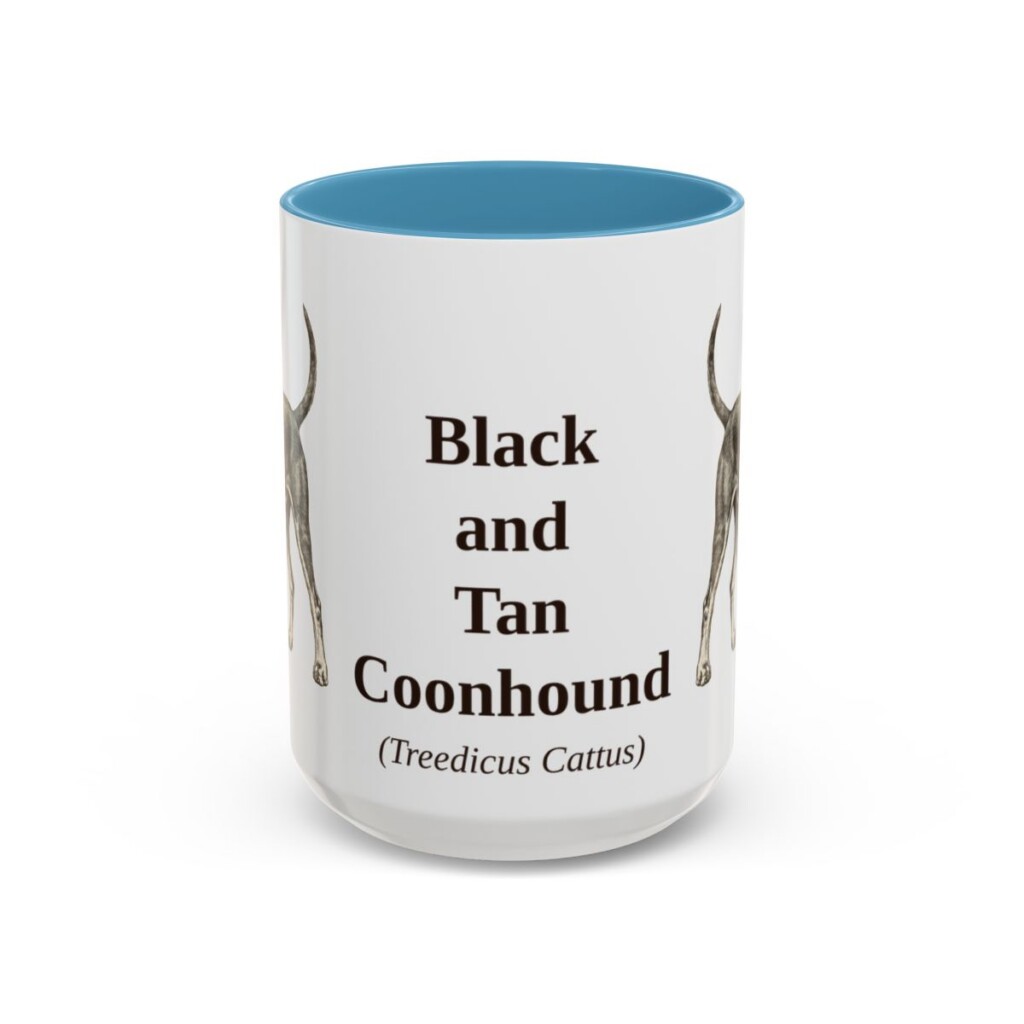15oz Black and Tan Coonhound Latin Mug, Light Blue, front view