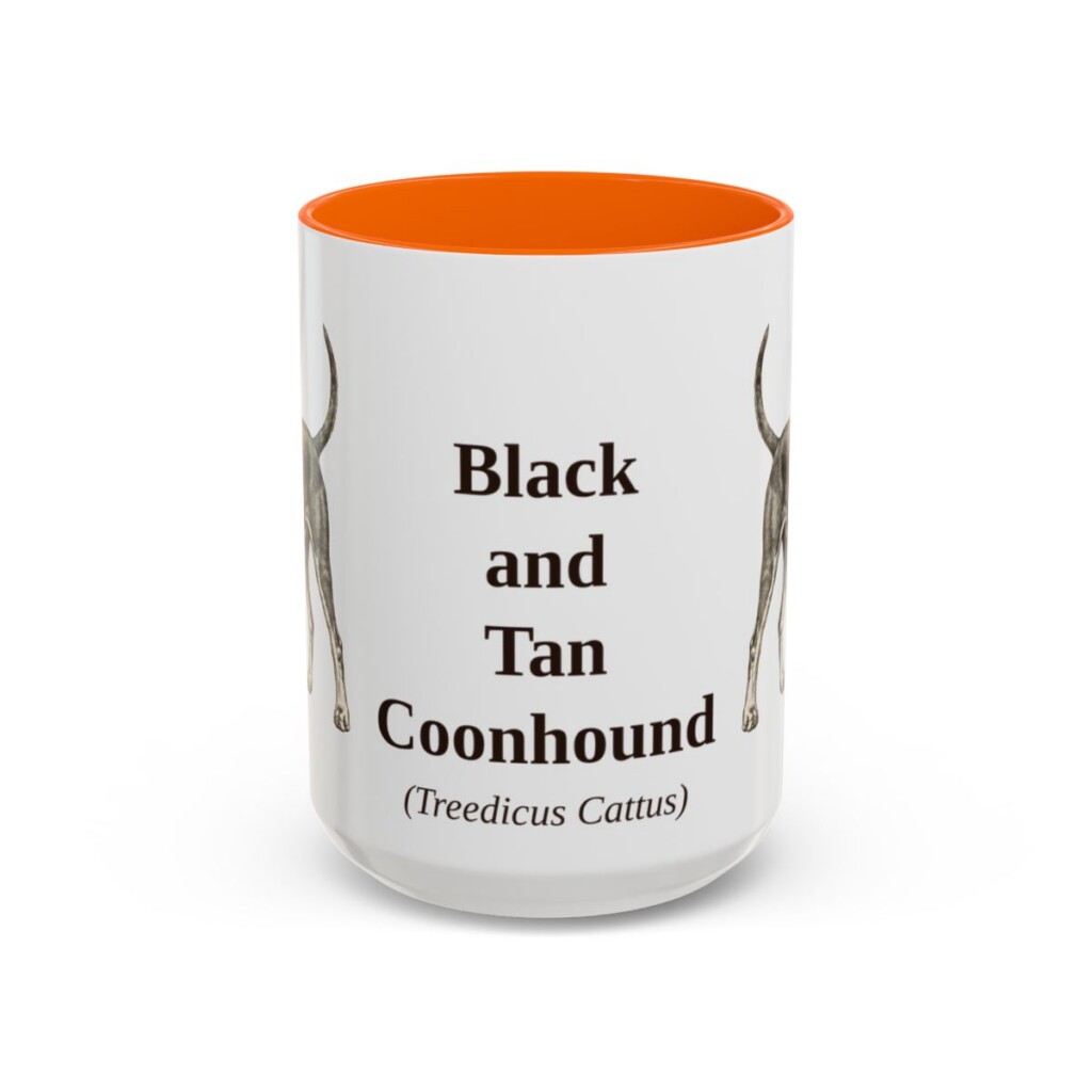 15oz Black and Tan Coonhound Latin Mug, Orange, front view