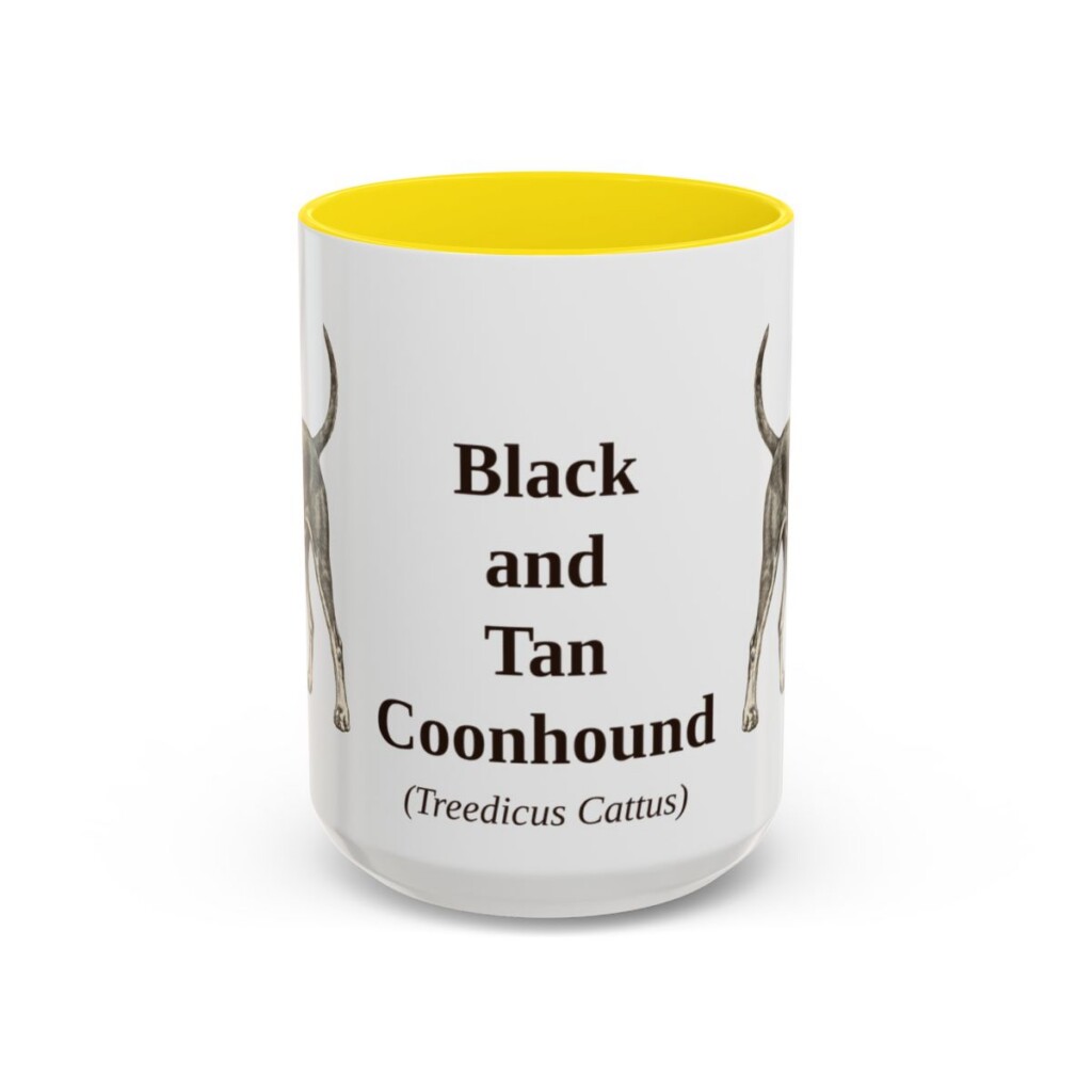 15oz Black and Tan Coonhound Latin Mug, Yellow, front view