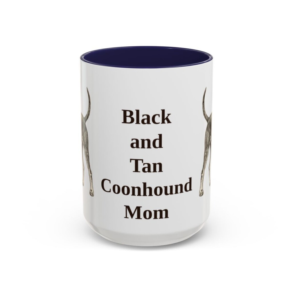15oz Black and Tan Coonhound Dog Mom Mug, Navy, front view