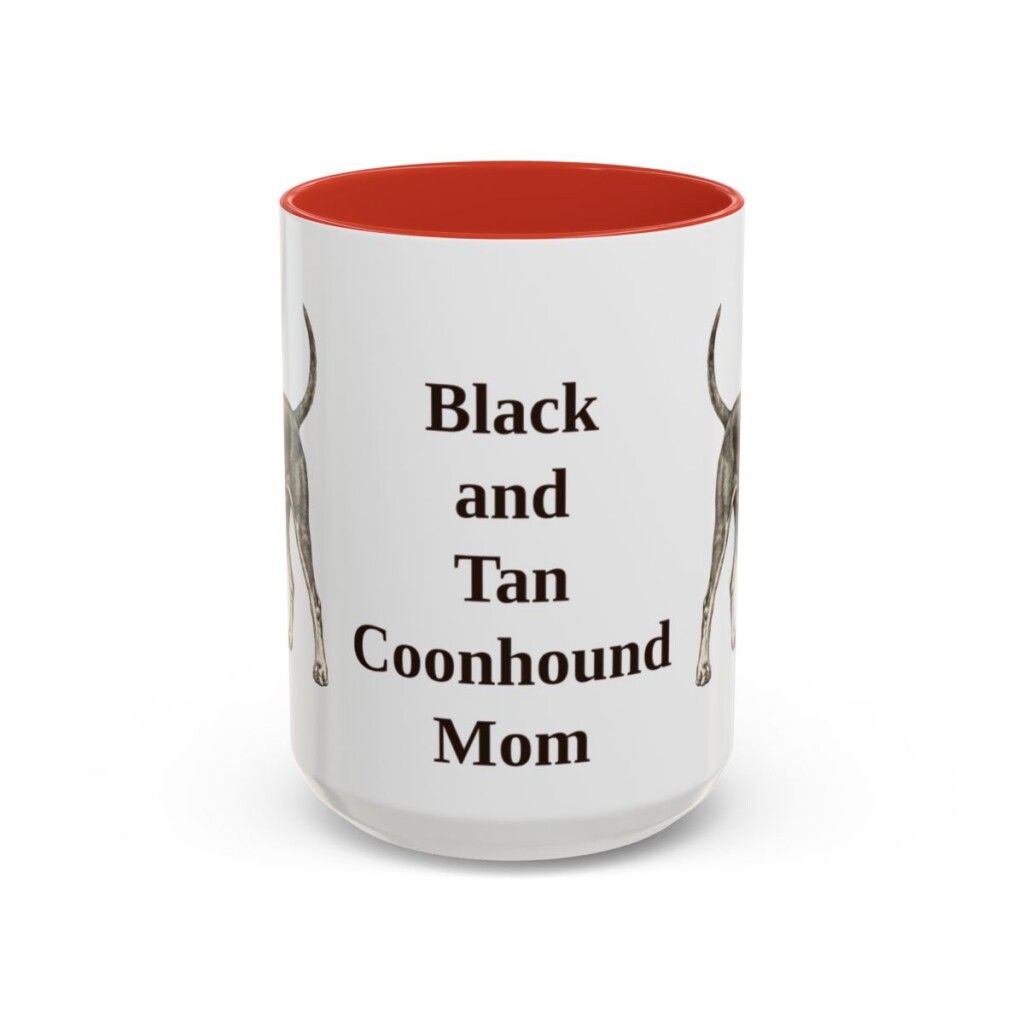 15oz Black and Tan Coonhound Dog Mom Mug, Red, front view