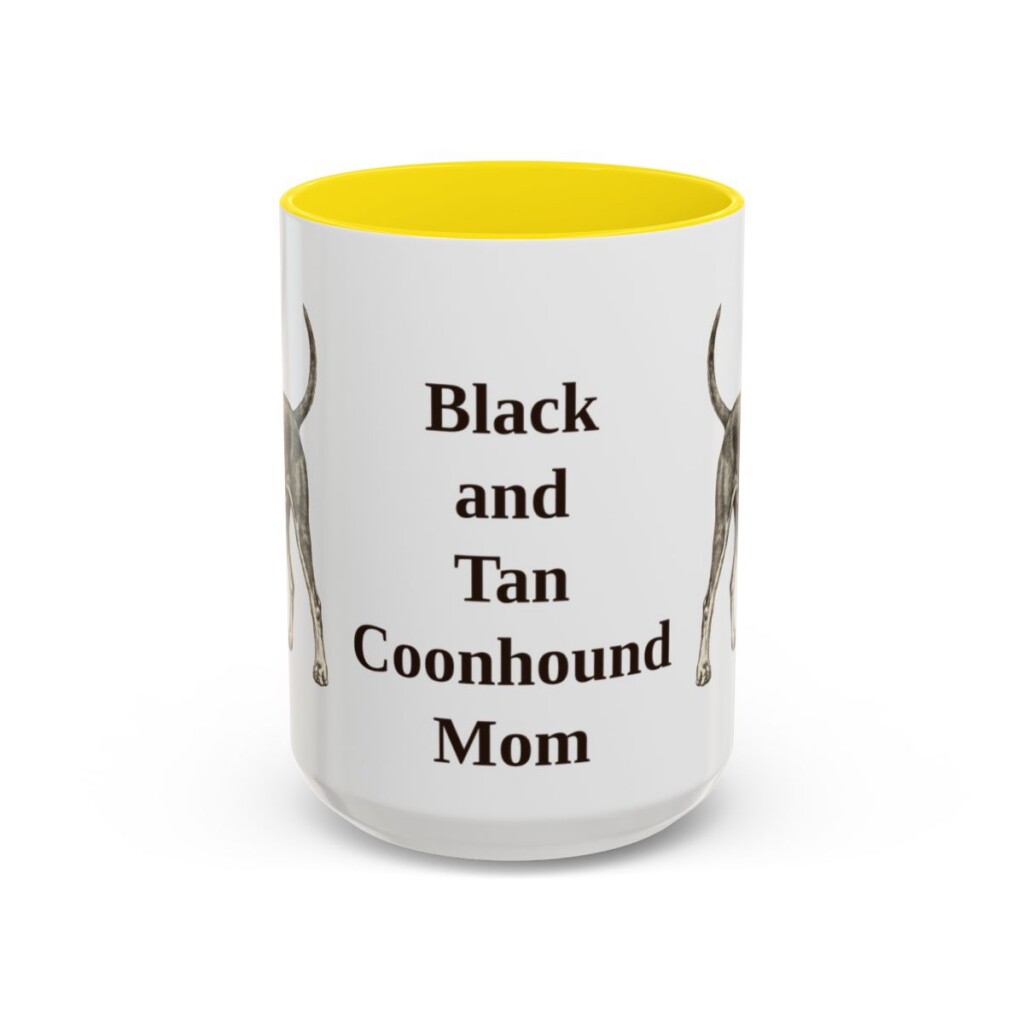 15oz Black and Tan Coonhound Dog Mom Mug, Yellow, front view