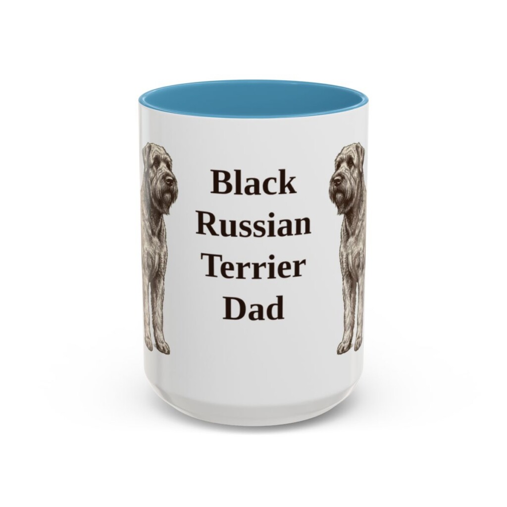 15oz Black Russian Terrier Dog Dad Mug, Light Blue, front view