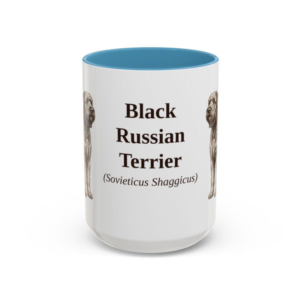15oz Black Russian Terrier Latin Mug, Light Blue, front view