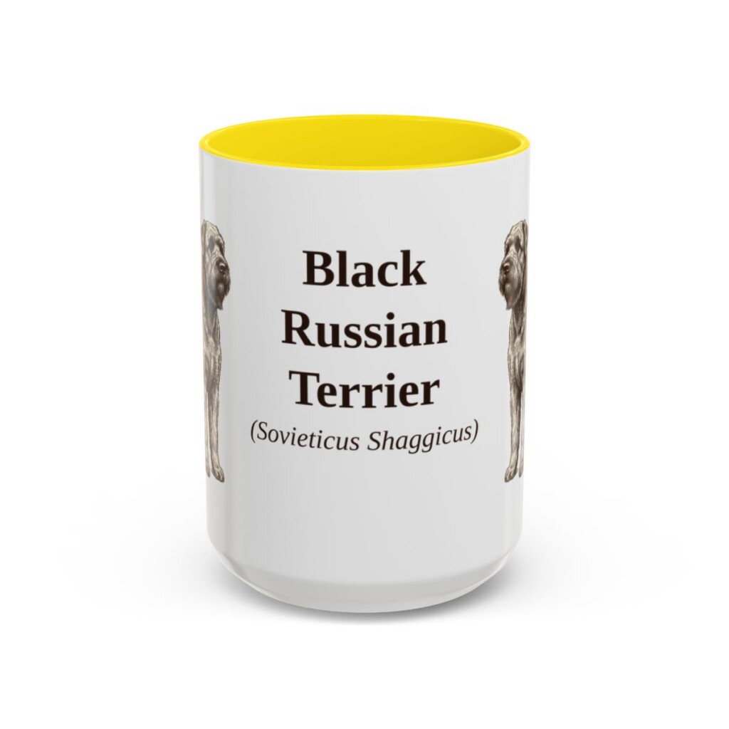 15oz Black Russian Terrier Latin Mug, Yellow, front view