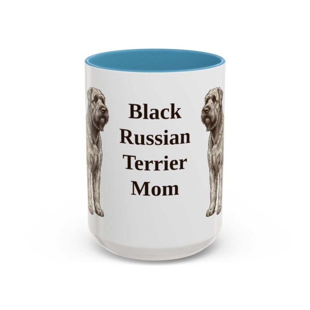 15oz Black Russian Terrier Dog Mom Mug, Light Blue, front view