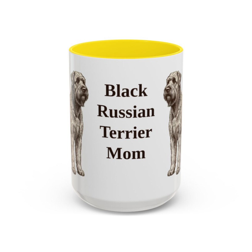 15oz Black Russian Terrier Dog Mom Mug, Yellow, front view