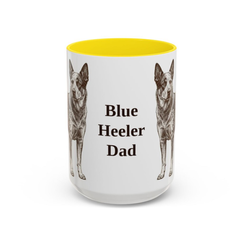 15oz Blue Heeler Dog Dad Mug, Yellow, front view