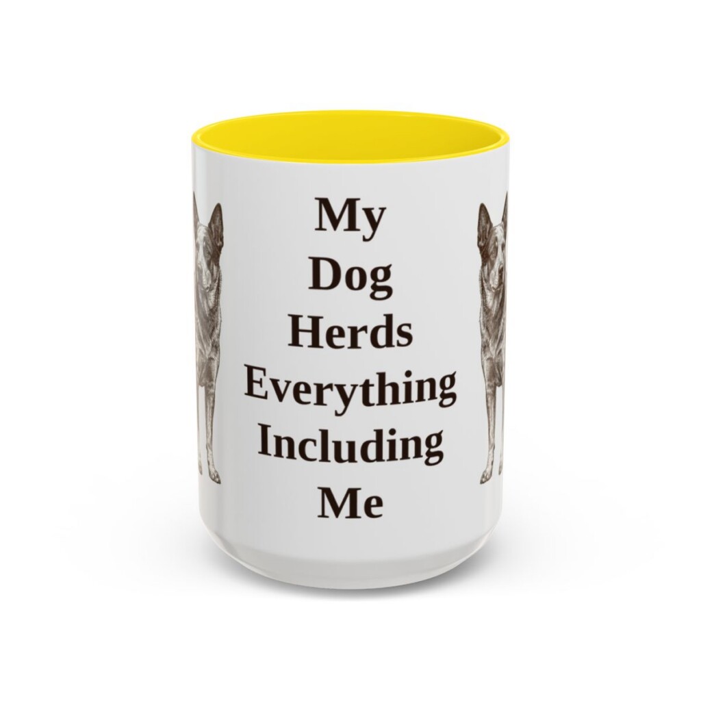 15oz Funny Blue Heeler Mug, Yellow, front view