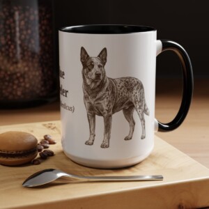 15oz Blue Heeler Latin Mug, Black, lifestyle photo