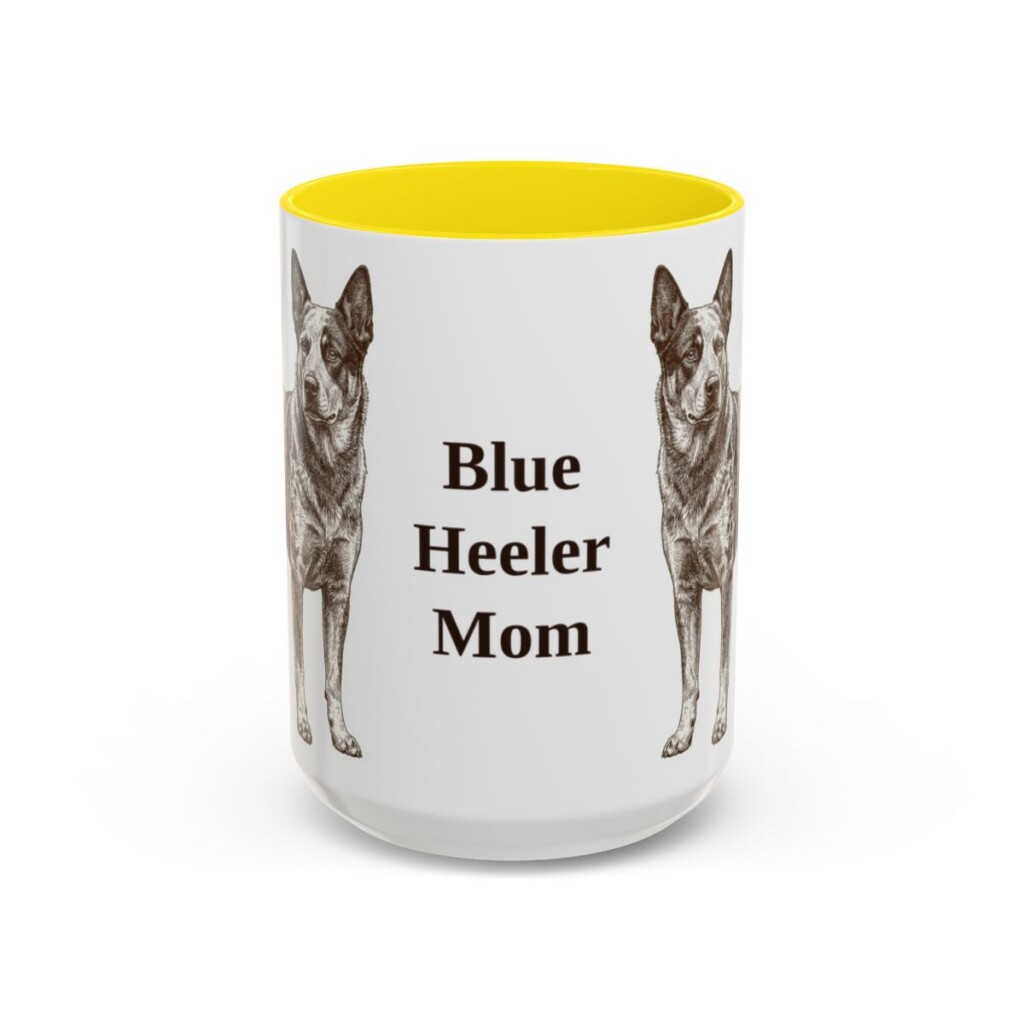 15oz-blue-heeler-mug-mom-yellow 15oz Blue Heeler Dog Mom Mug, Yellow, front view