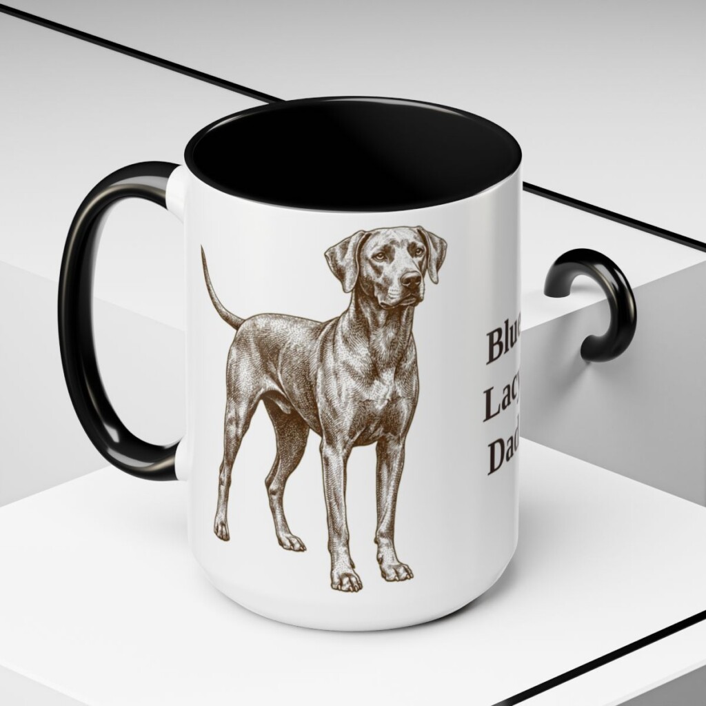 15oz Blue Lacy Dog Dad Mug, Black, lifestyle photo