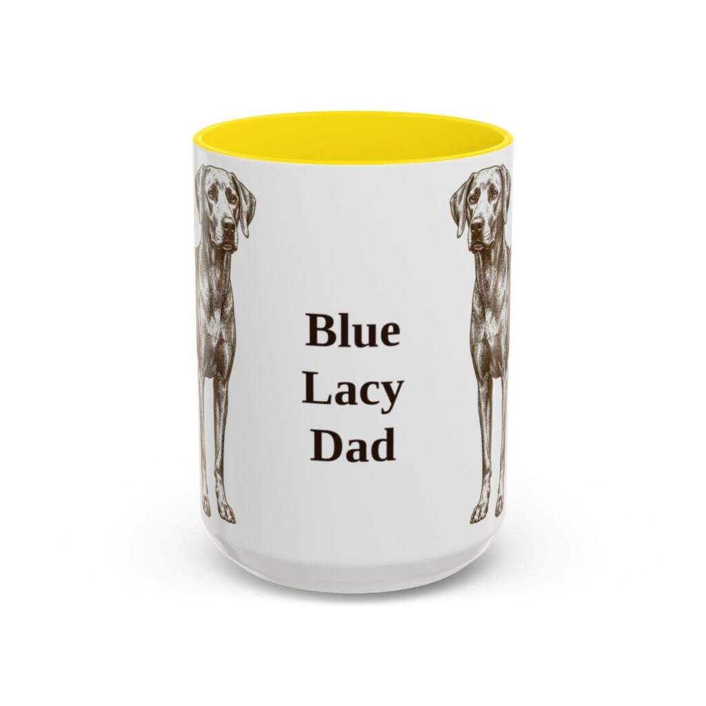 15oz Blue Lacy Dog Dad Mug, Yellow, front view
