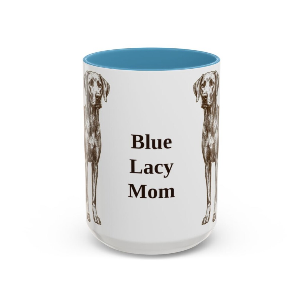 15oz Blue Lacy Dog Mom Mug, Light Blue, front view