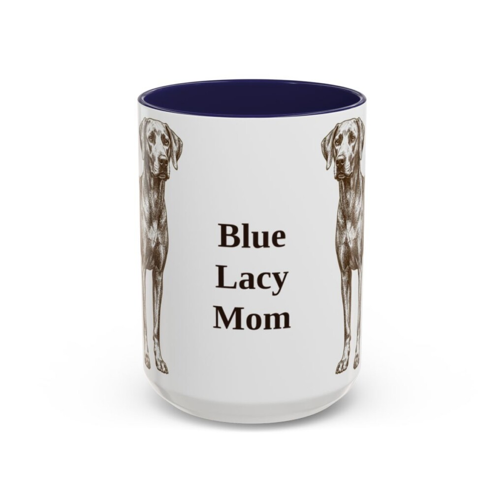 15oz Blue Lacy Dog Mom Mug, Navy, front view